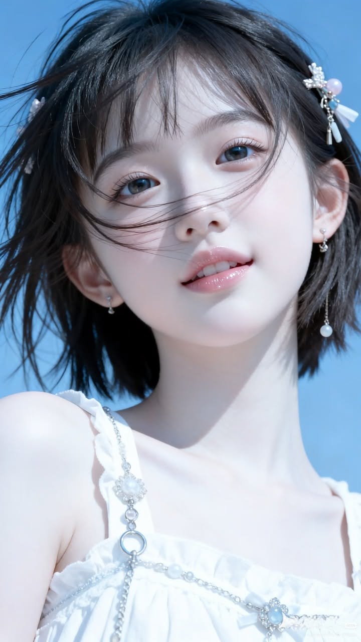 Woman with short hair and a white dress against a blue background