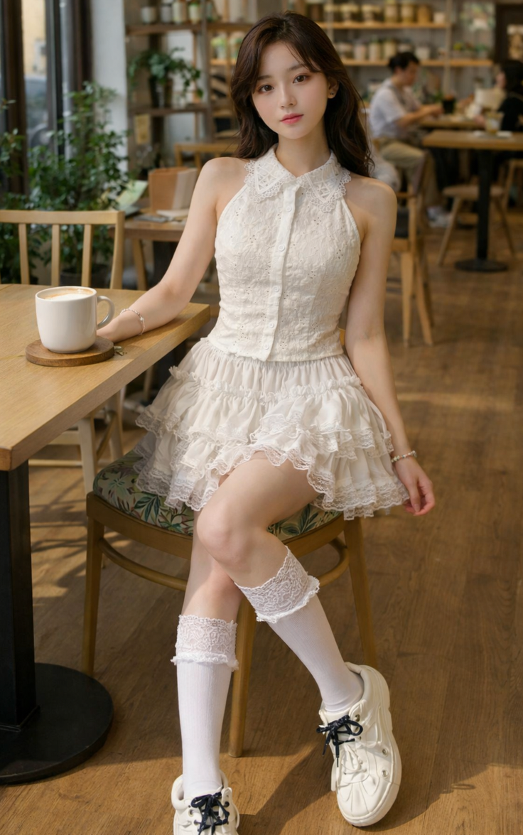 Woman in a white lace dress and knee-high socks sitting in a cafe