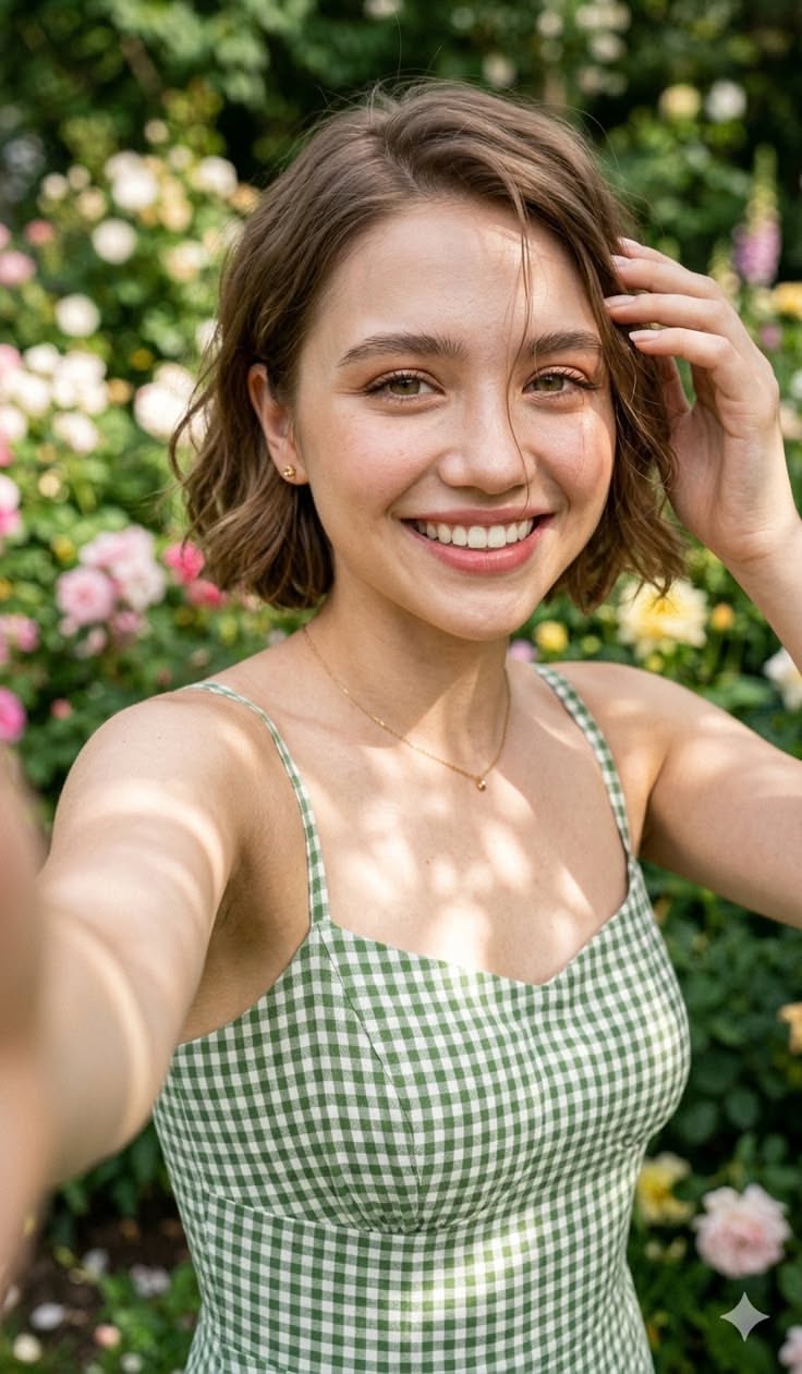 Smiling woman with short hair in a green gingham dress taking a selfie in a garden