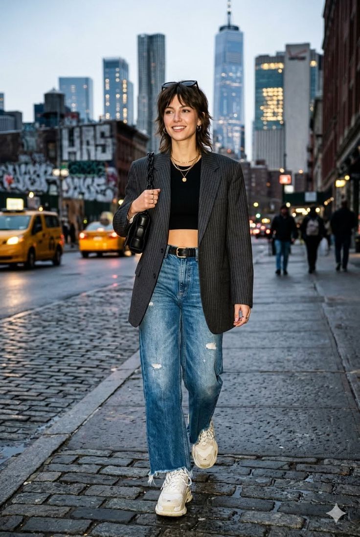Woman in a crop top, blazer, and distressed jeans walking on a city street