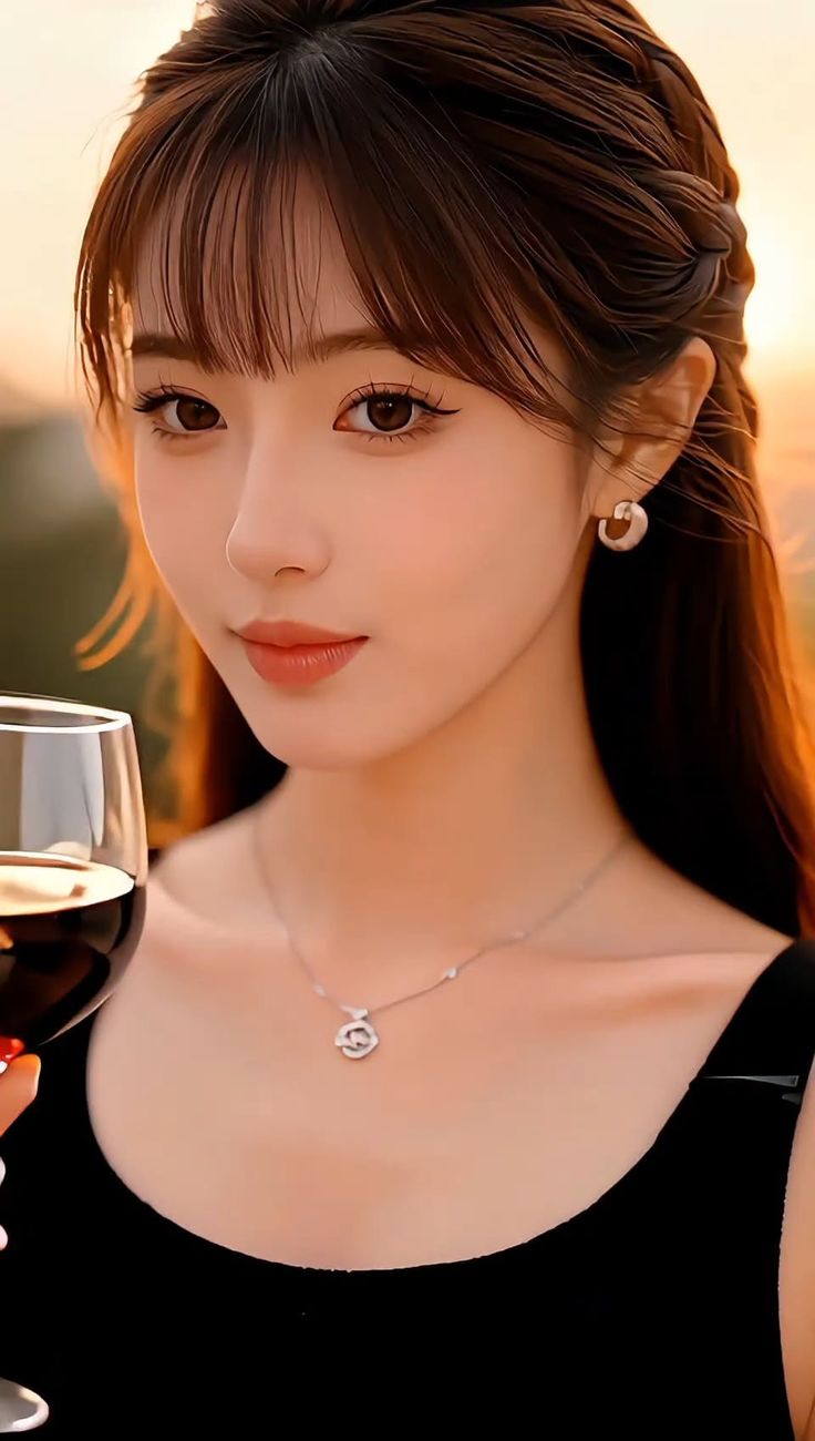 Woman with long dark hair holding a wine glass at golden hour