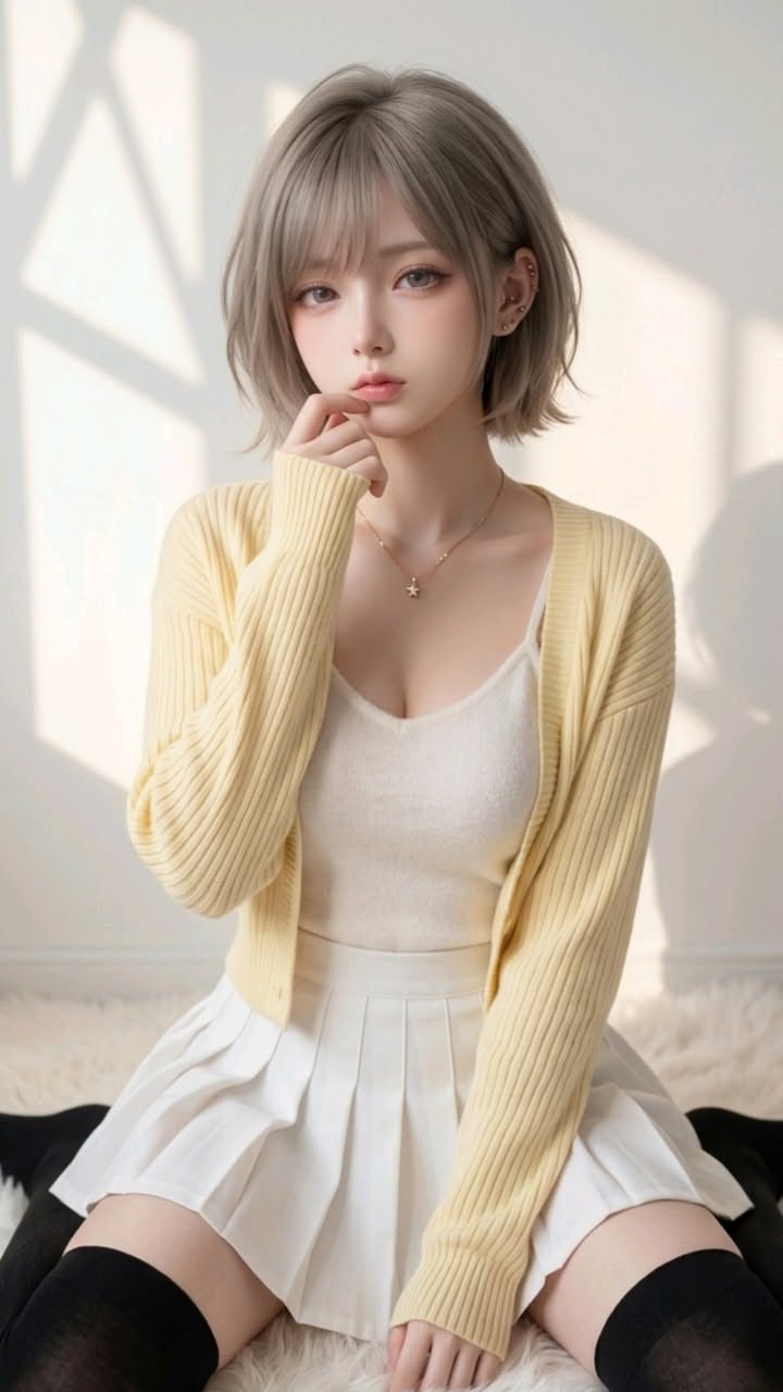 Woman with short blonde hair wearing a yellow cardigan and white pleated skirt