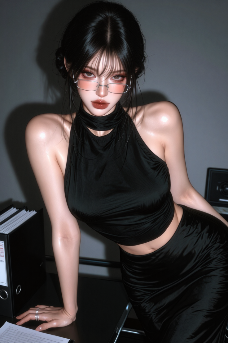 Woman with black hair and glasses wearing a black top and skirt indoors