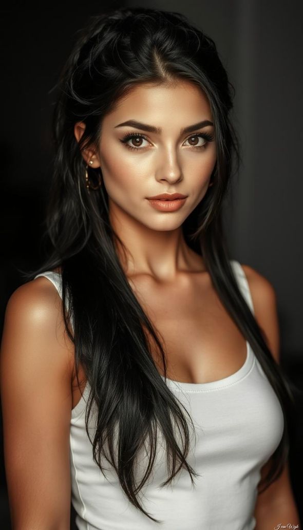 Woman with long black hair wearing a white tank top and gold earrings