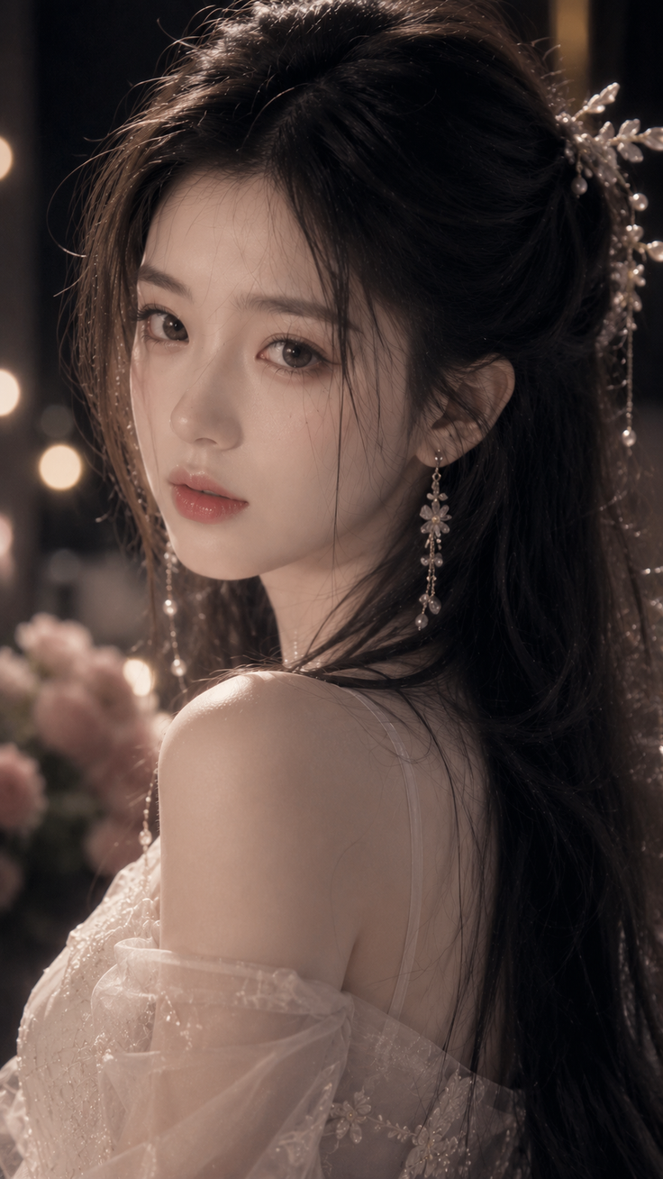 Woman with long dark hair and a white dress looking over her shoulder