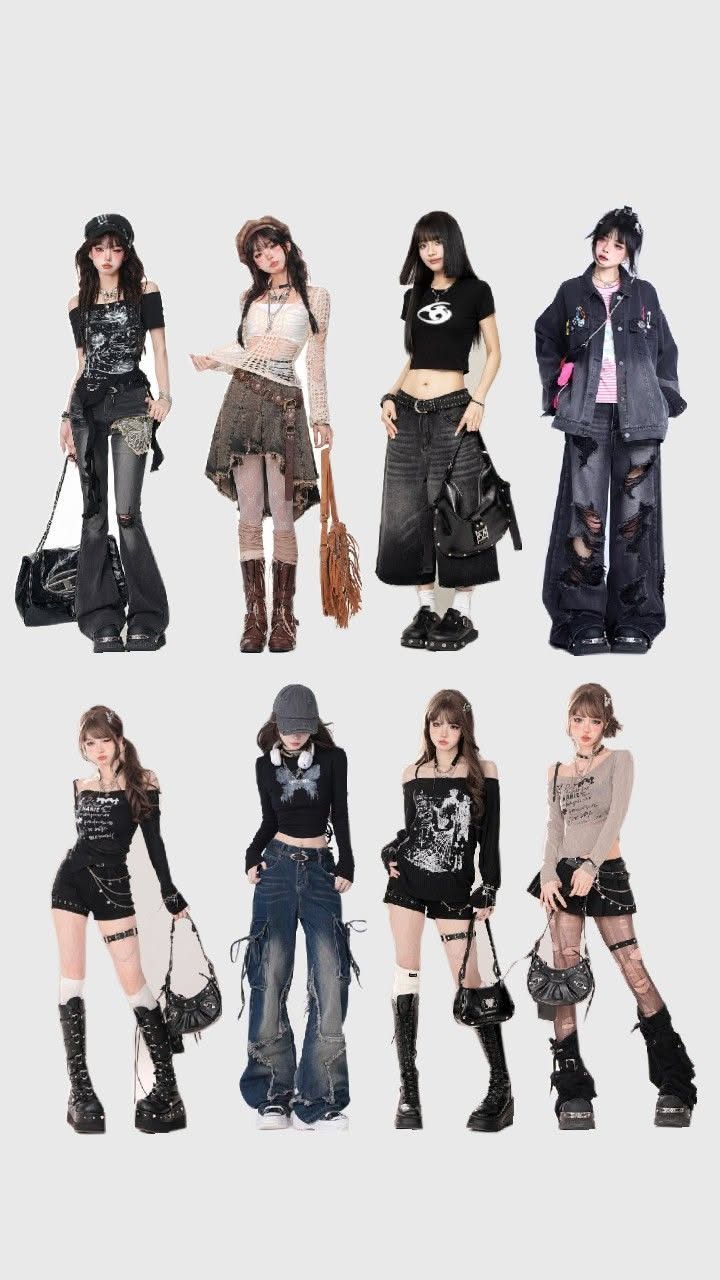 Eight women in various dark-toned, gothic-style outfits with ripped clothing and platform boots