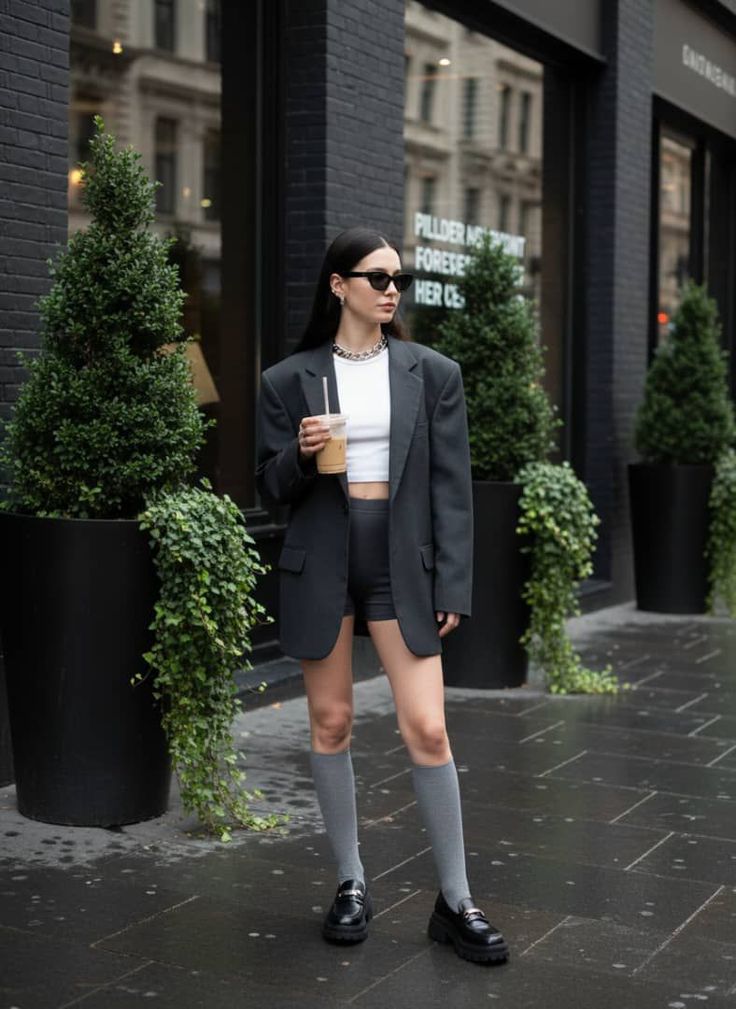 Woman in an oversized blazer and shorts holding a drink on a city street