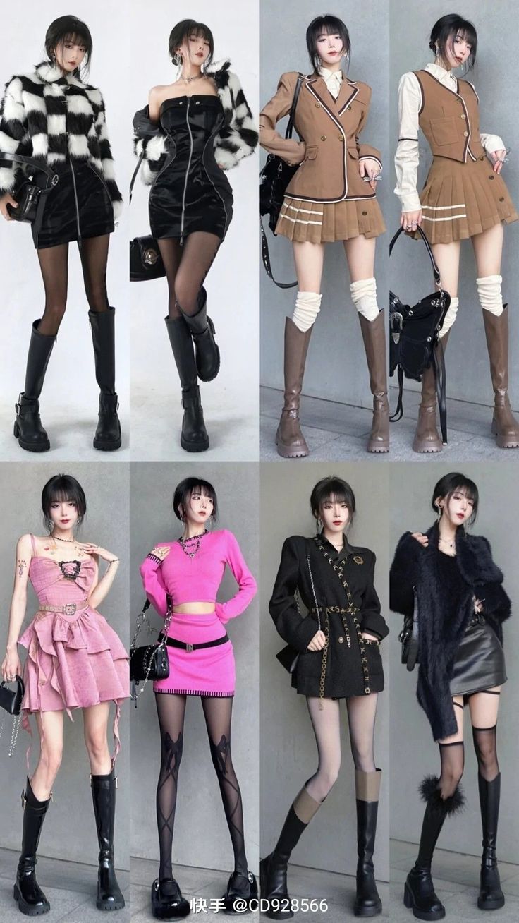 Multiple women showcasing various stylish outfits with boots and mini skirts