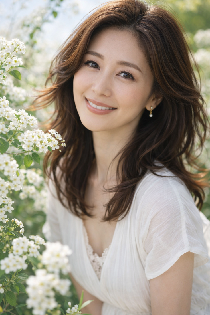 Woman with long brown hair smiling among white flowers
