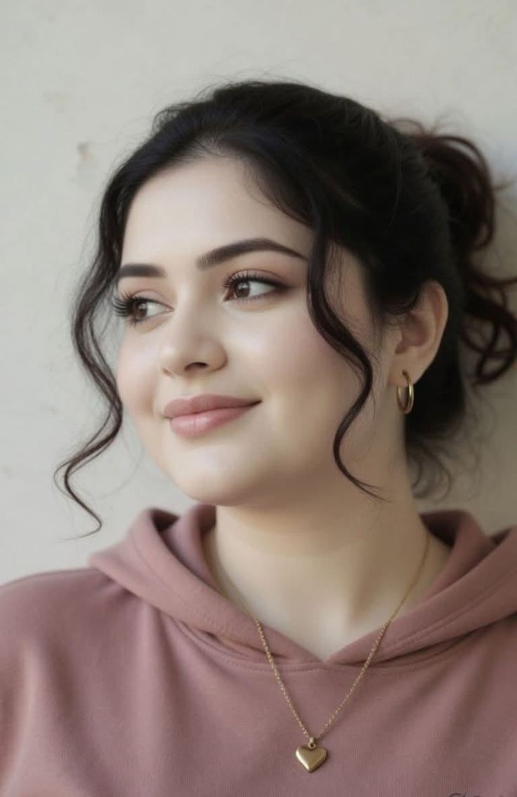 Woman with dark hair in a pink hoodie and gold jewelry
