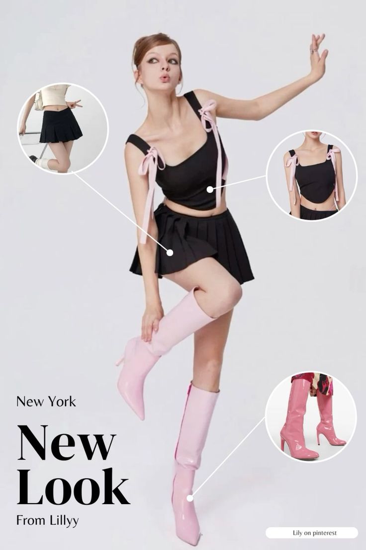 Woman in a black crop top, pleated skirt, and pink boots posing in a studio