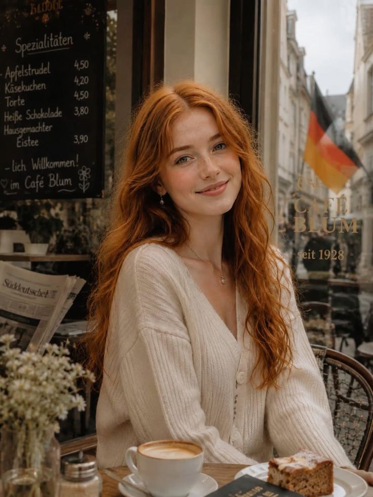 Woman with red hair and freckles smiling at an outdoor cafe