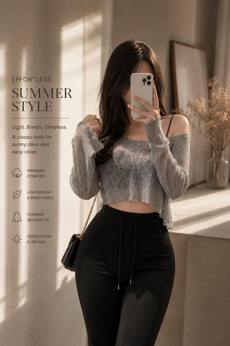 Woman taking a mirror selfie in a gray crop top and black pants