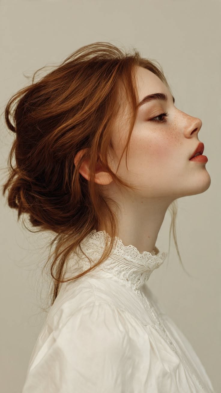 Woman with red hair and freckles wearing a white shirt with a lace collar