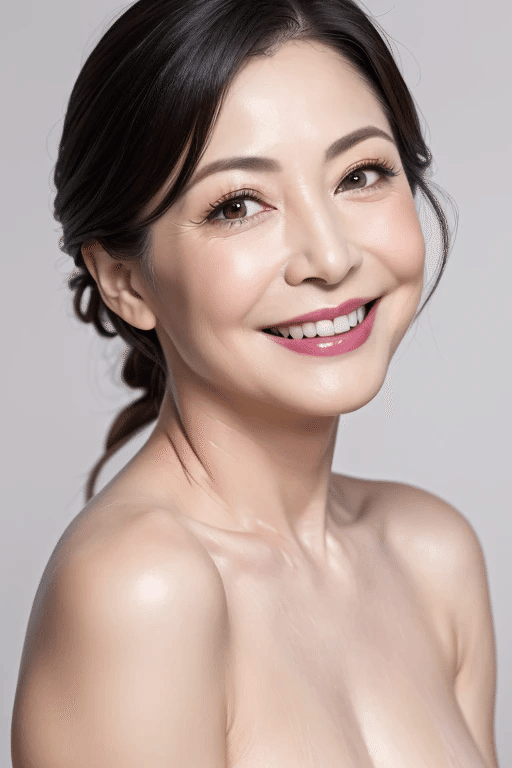 Woman with dark hair and pink lipstick smiling in a studio portrait
