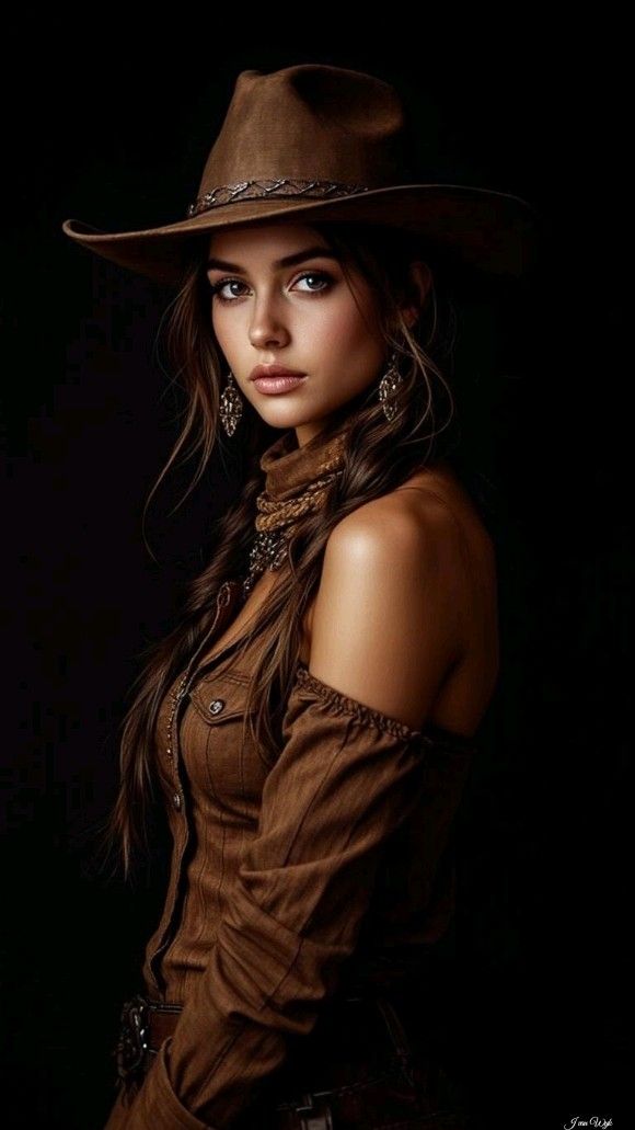 Woman in a cowboy hat and brown off-shoulder shirt with jewelry against a dark background