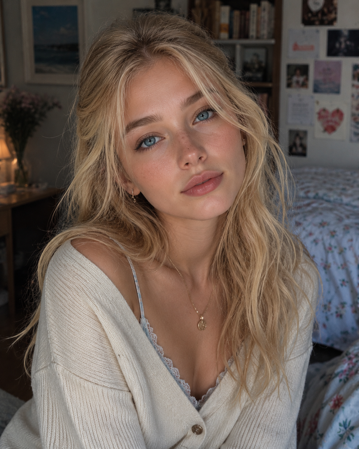 Blonde woman with blue eyes wearing a cardigan and lace top indoors