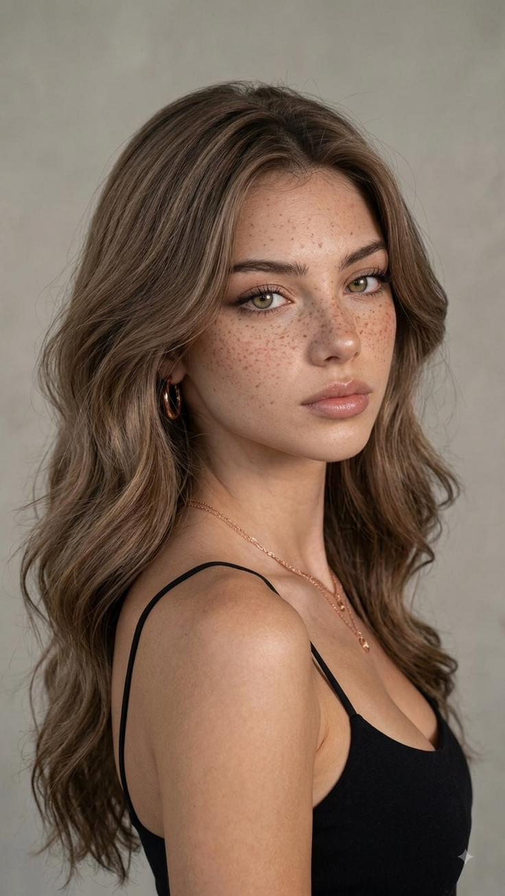 Woman with long brown hair and freckles wearing a black top and jewelry