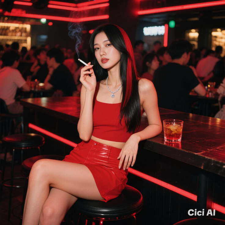 Woman in a red crop top and mini skirt holding a cigarette in a bar