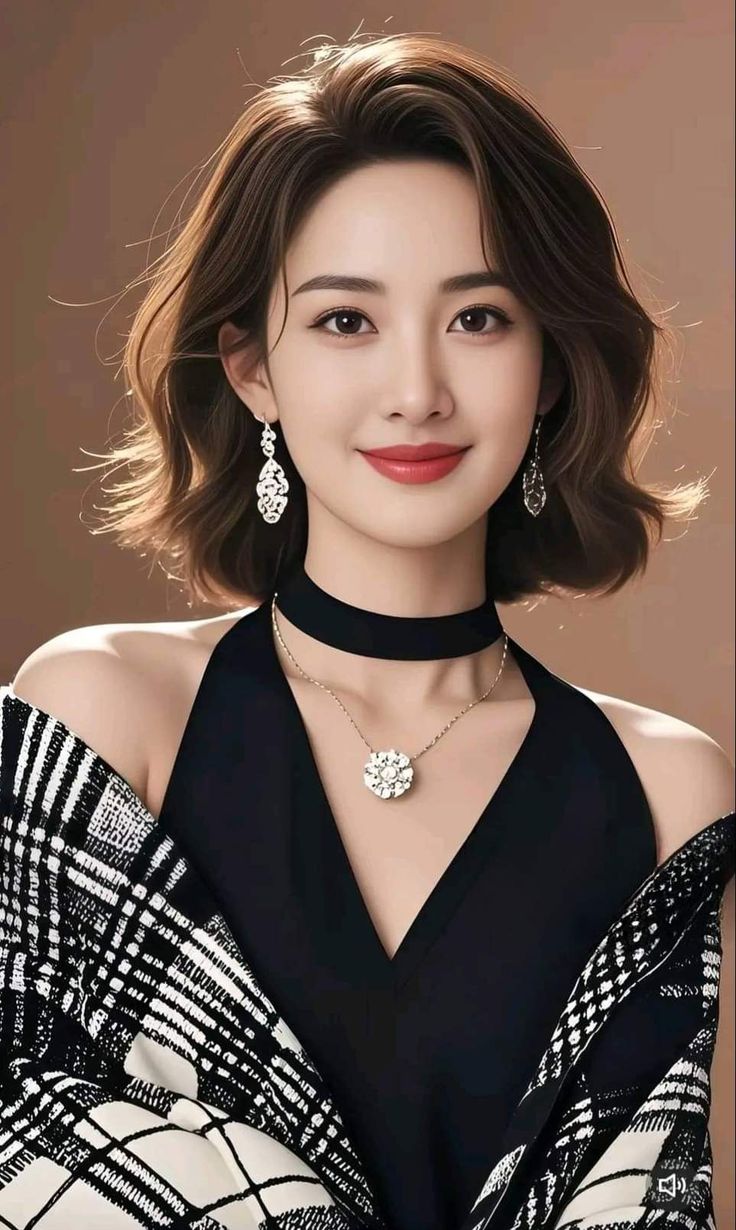 Woman with short hair wearing a black dress, choker, and plaid jacket
