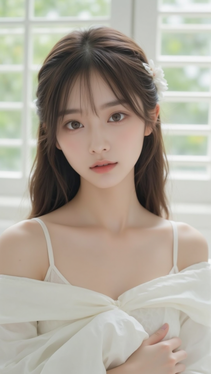 Woman with long brown hair and a white flower in her hair, wearing a white top
