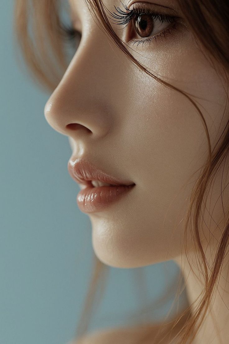 Close up of a woman's face with glossy lips and long eyelashes against a blue background