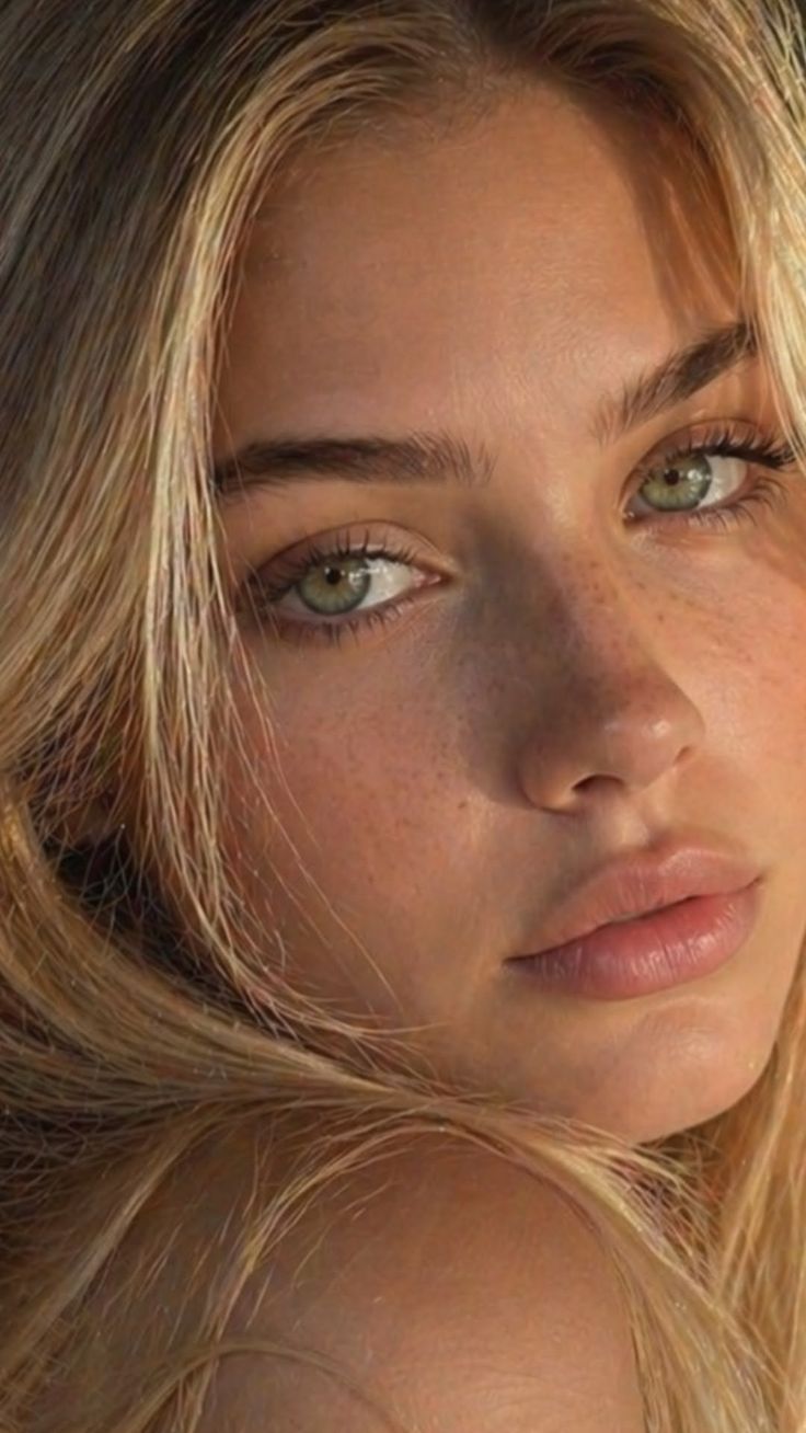 Close up portrait of a woman with blonde hair and green eyes