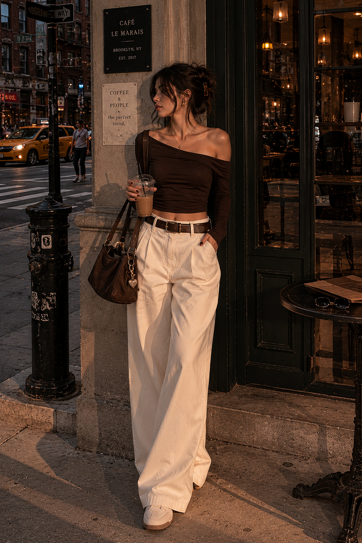 Woman in an off-shoulder top and wide-leg pants on a city street at golden hour