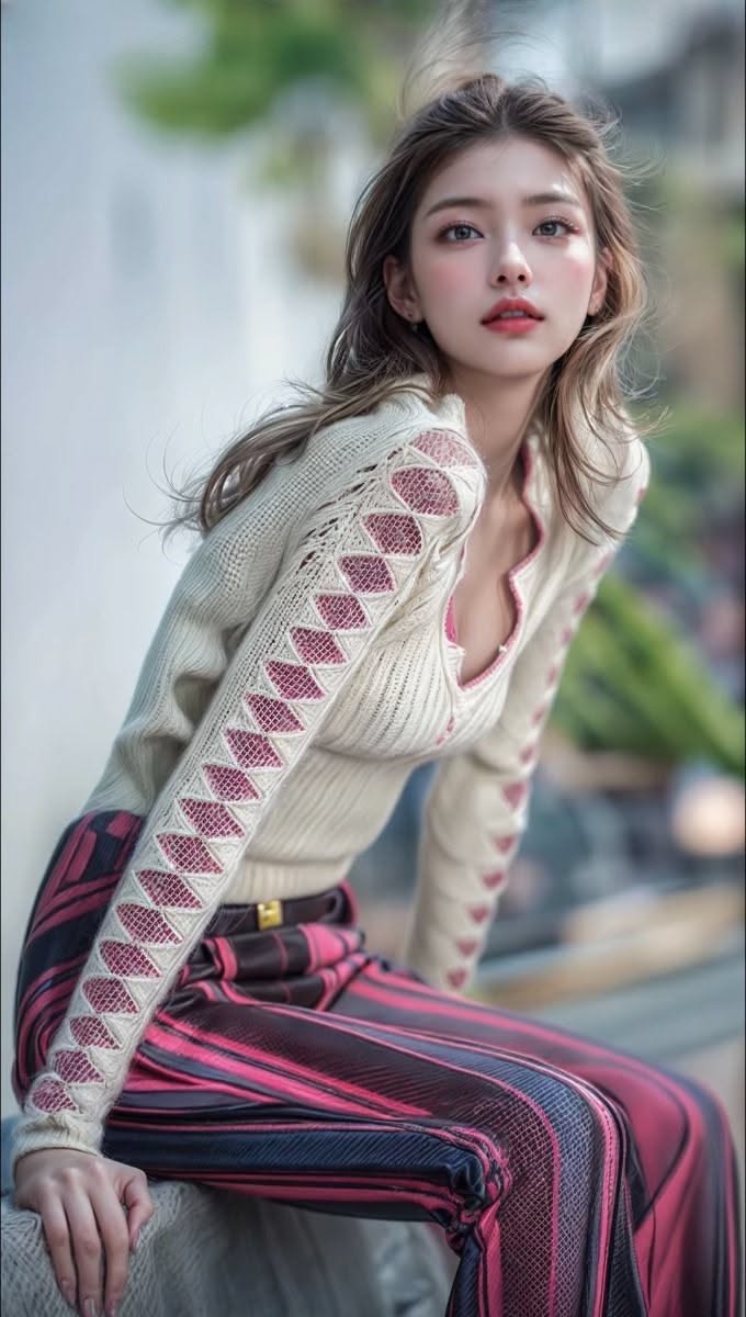 Woman with long hair wearing a sweater and striped pants outdoors