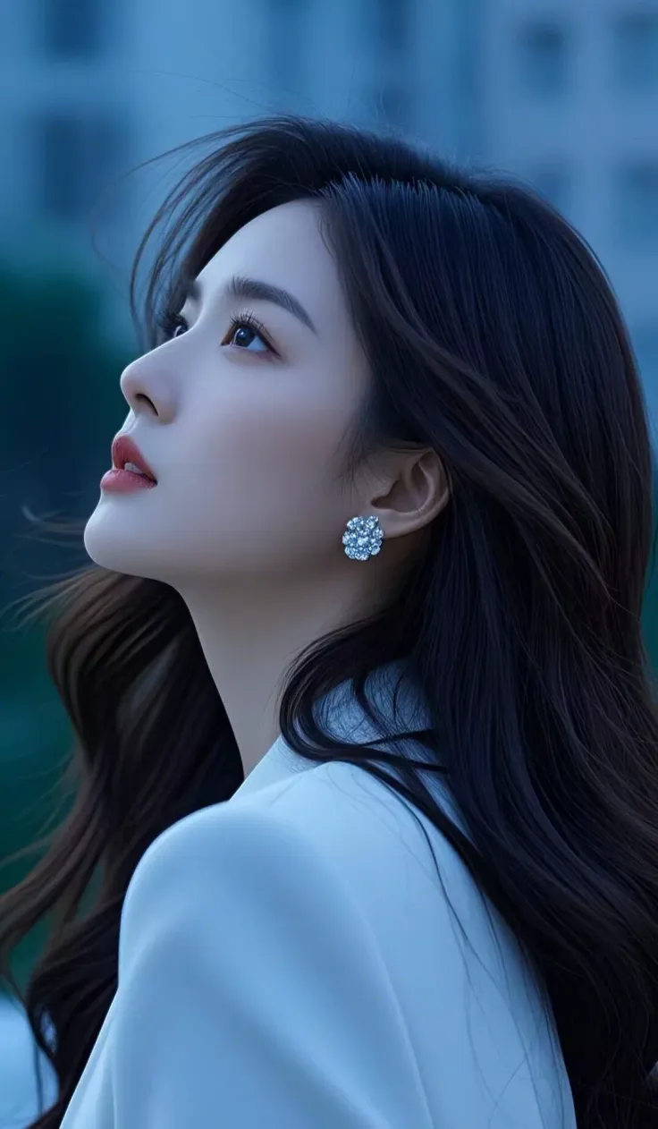 Woman with long dark hair and a white blazer looking up against a blue background