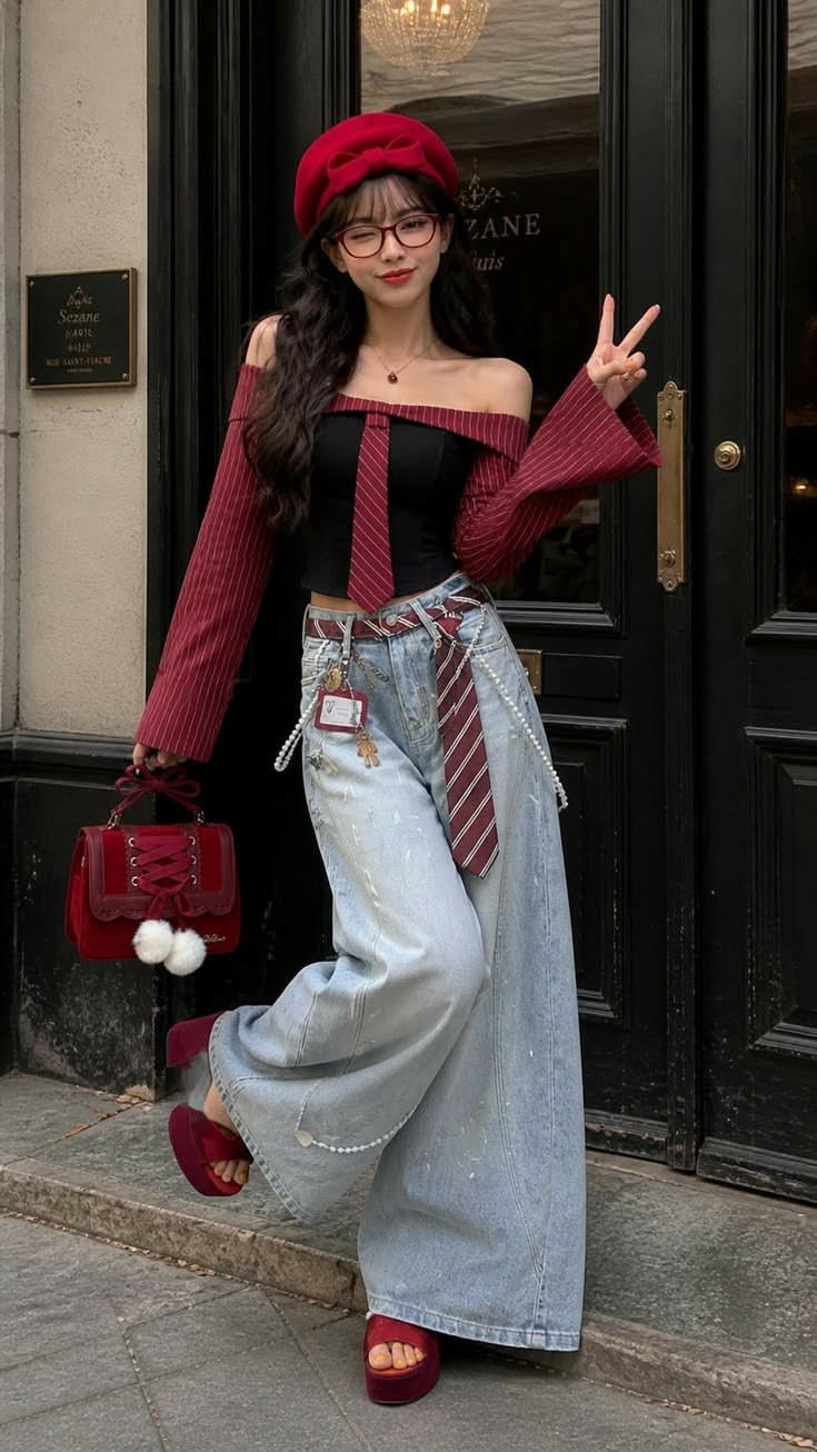 Woman in a red beret and off-shoulder top with wide-leg jeans posing outdoors