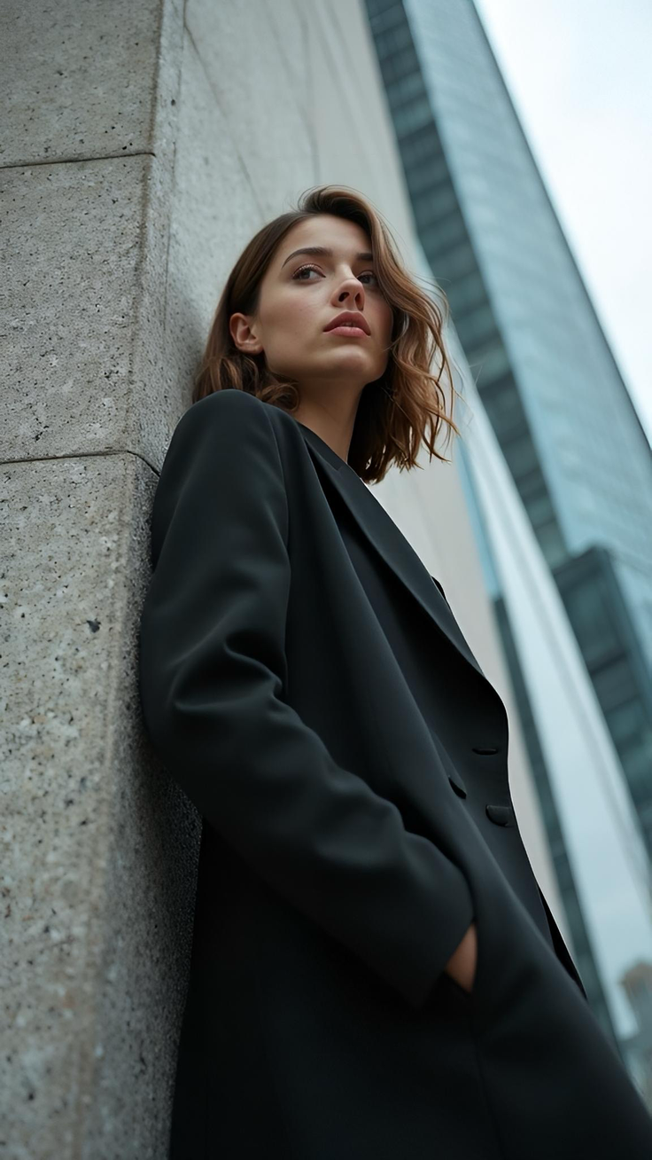 Woman in a black blazer leaning against a wall with a cityscape in the background