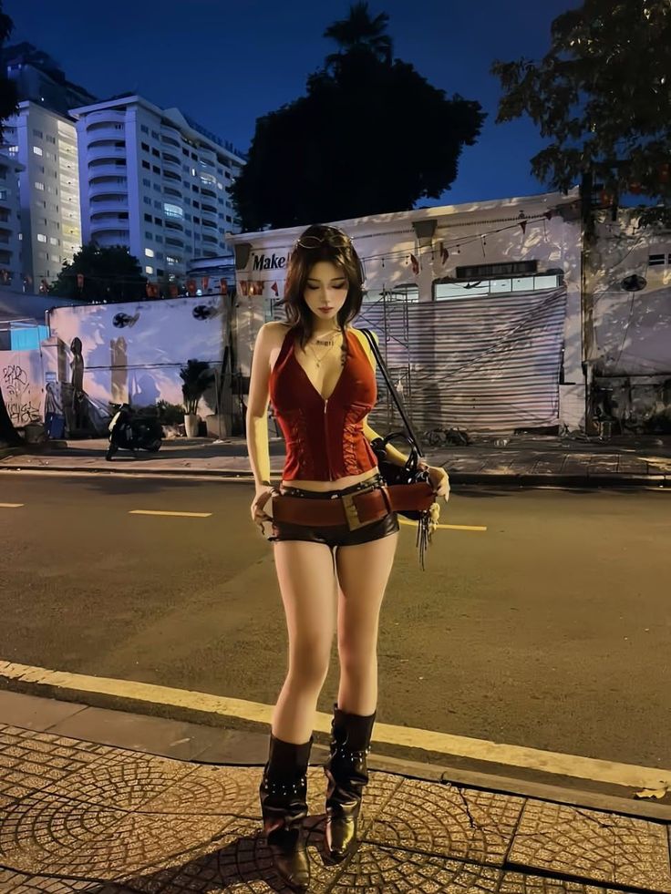 Woman in a red corset top and short shorts standing on a city street at night