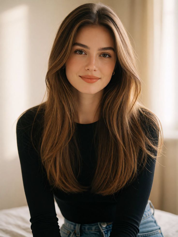 Woman with long brown hair wearing a black shirt and jeans indoors
