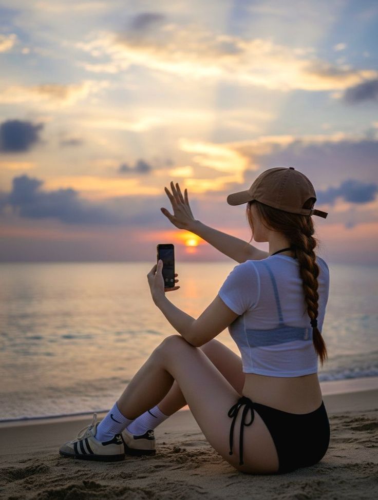 Woman in a bikini bottom and cropped top sitting on a beach at sunset