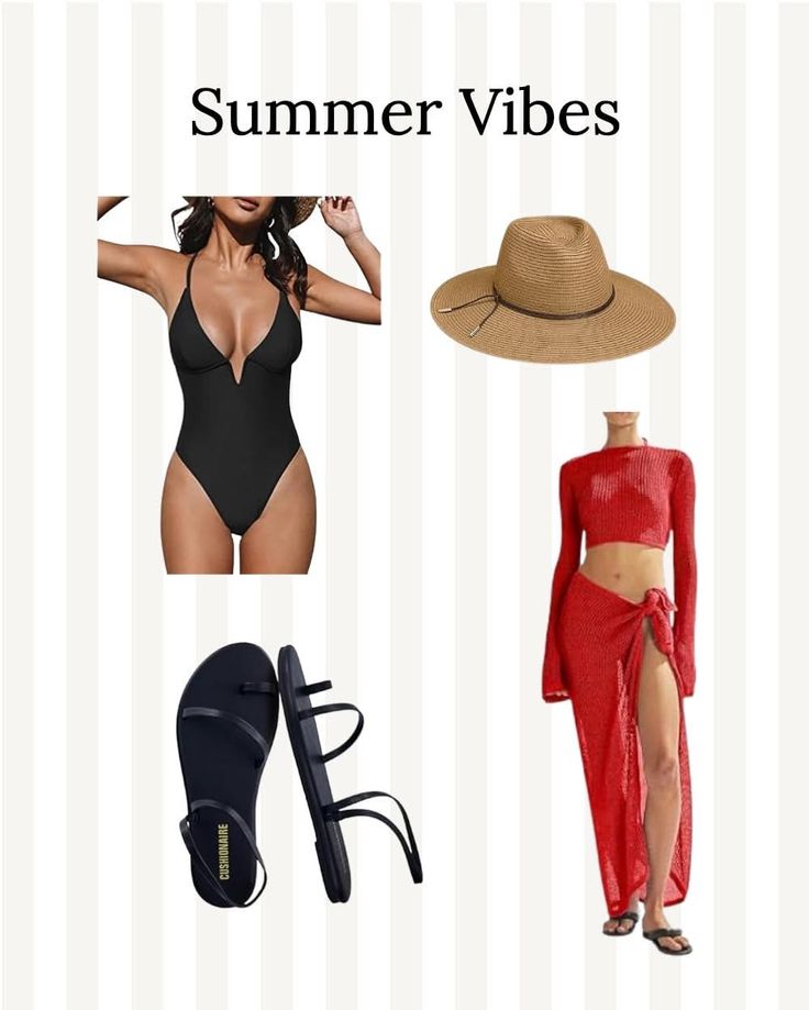 Collage of summer fashion items including a black swimsuit and red cover-up