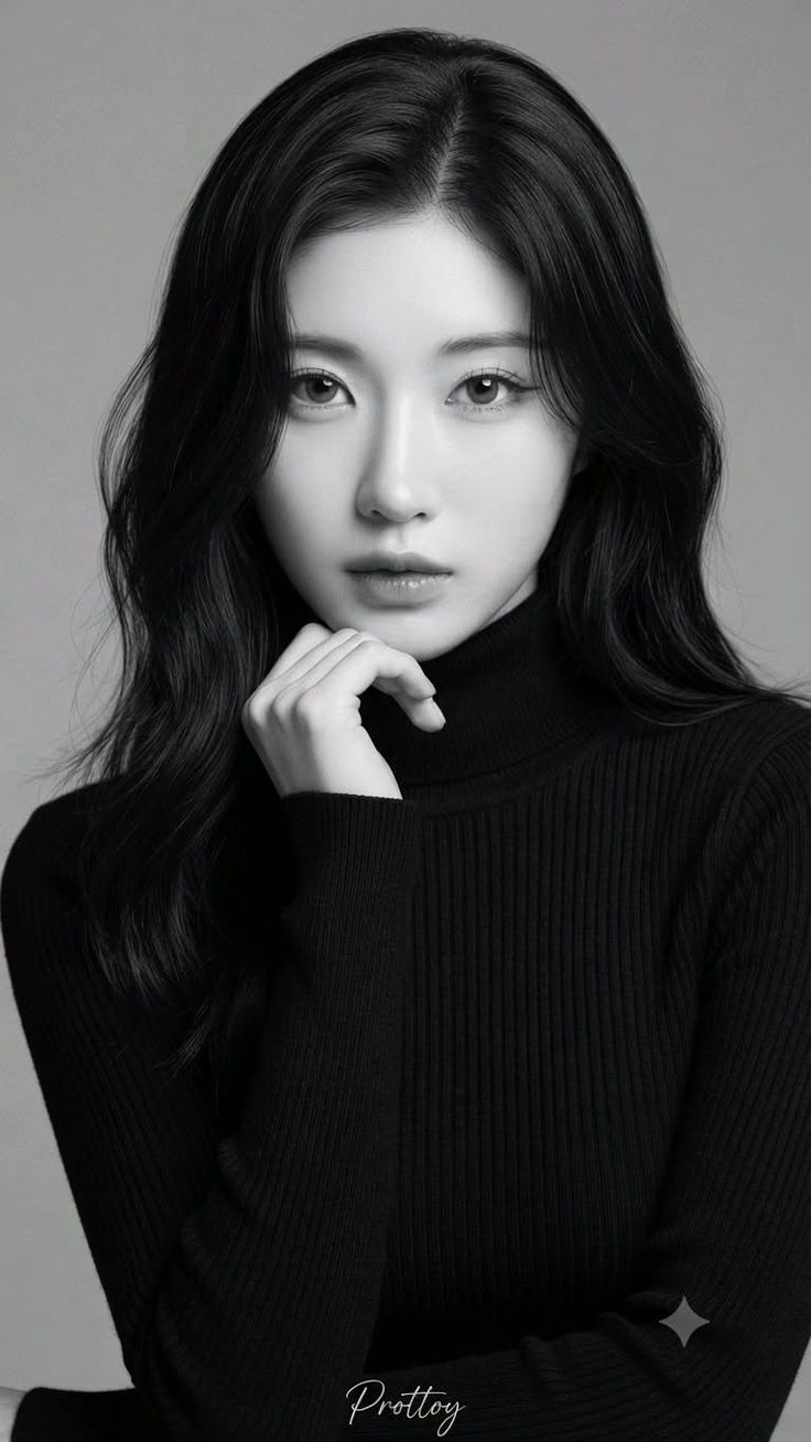 Woman with long black hair wearing a black turtleneck in a monochrome portrait