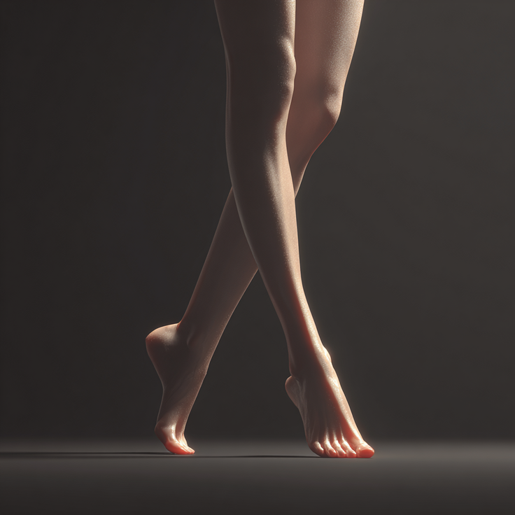 Slim bare legs crossed against a dark background with dramatic lighting