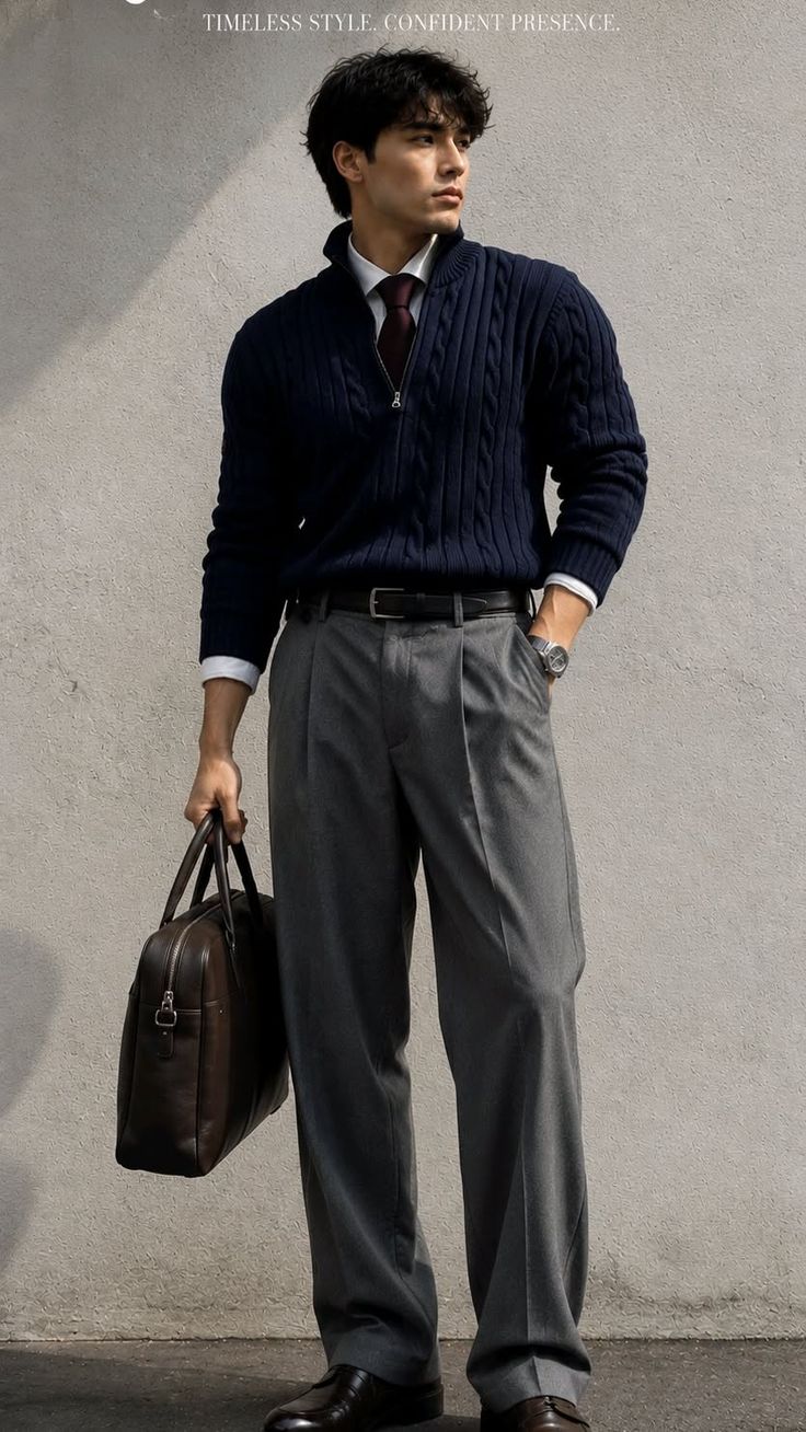 Man in a navy sweater and grey trousers holding a brown briefcase