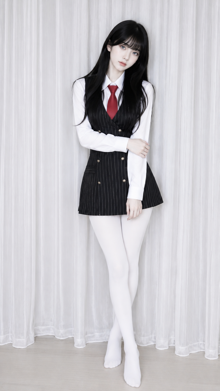 Woman with long black hair wearing a pinstripe vest and red tie with white tights