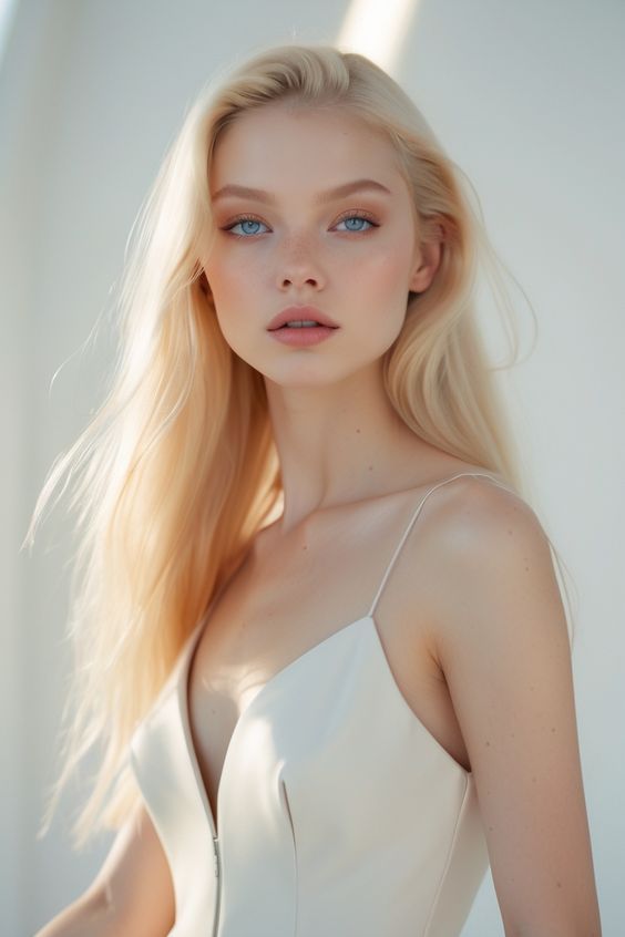 Blonde woman with blue eyes in a white dress with soft lighting