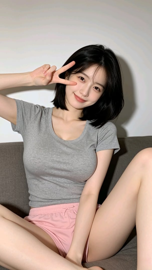 Woman with short black hair making a peace sign while sitting on a couch