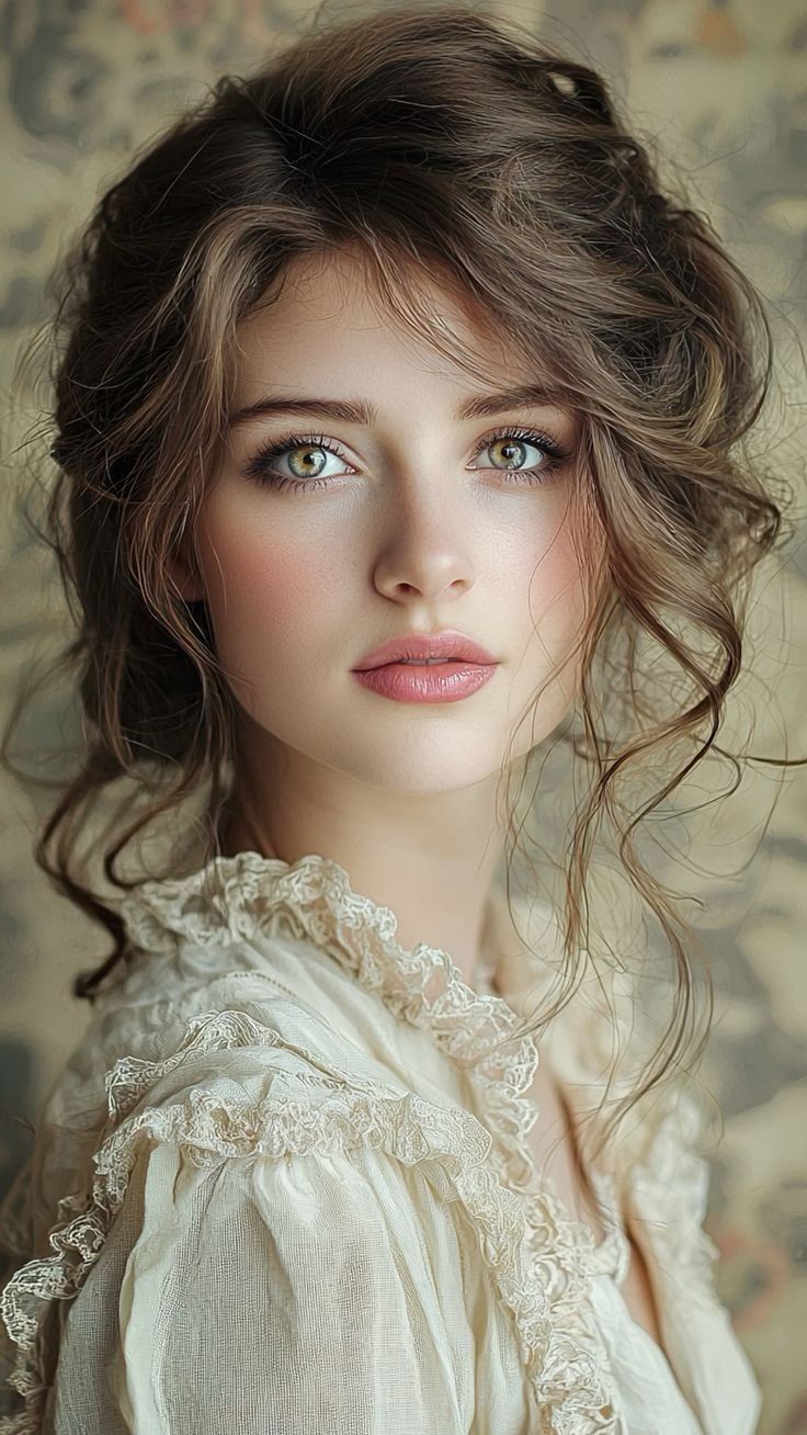 Woman with green eyes and long wavy hair wearing a ruffled dress