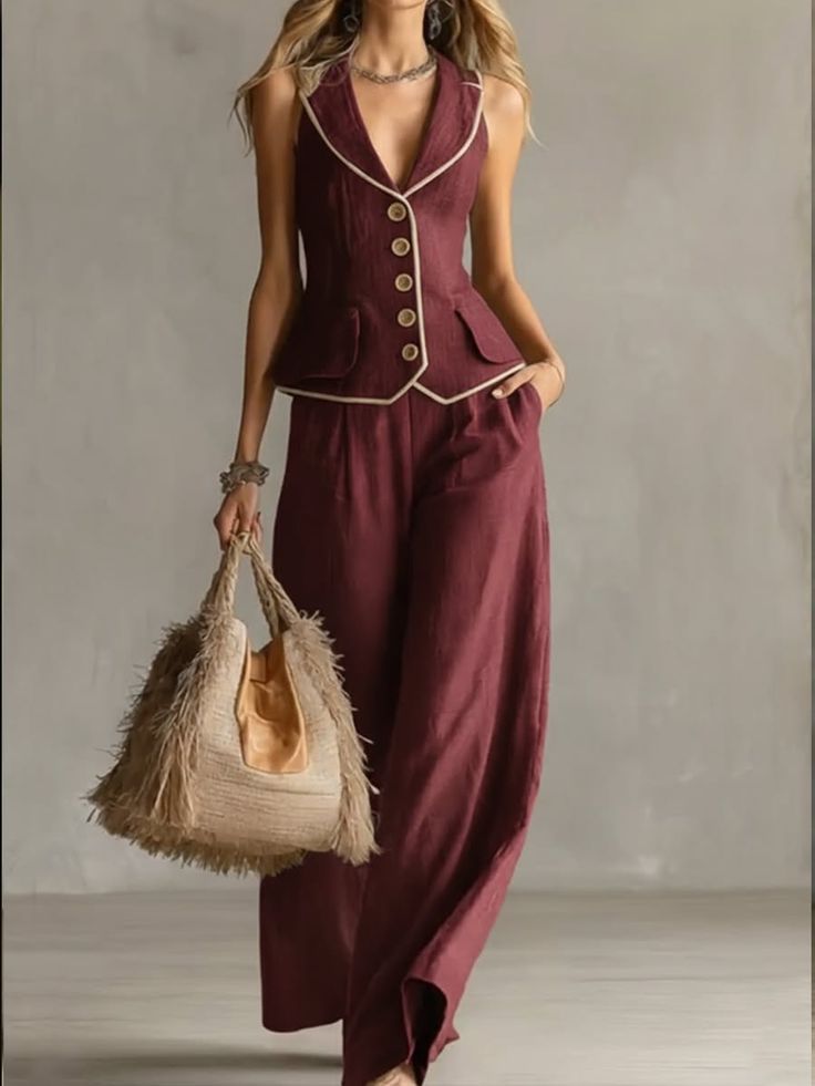Woman in a maroon sleeveless top and wide leg pants holding a straw bag