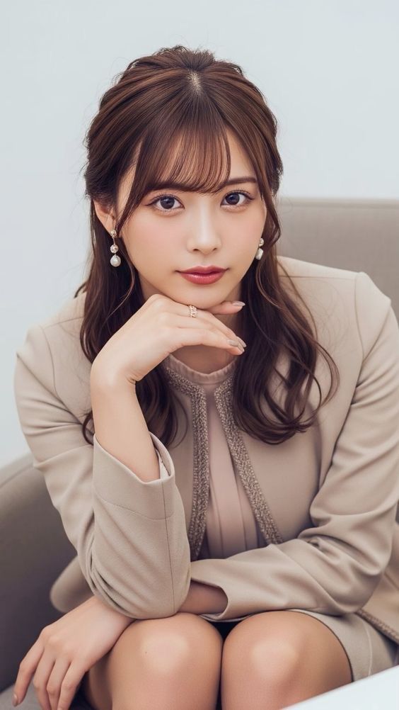 Woman with long brown hair wearing a beige blazer and pearl earrings