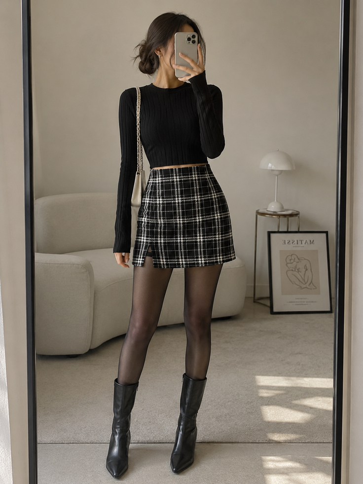 Woman in a black top and plaid skirt taking a mirror selfie