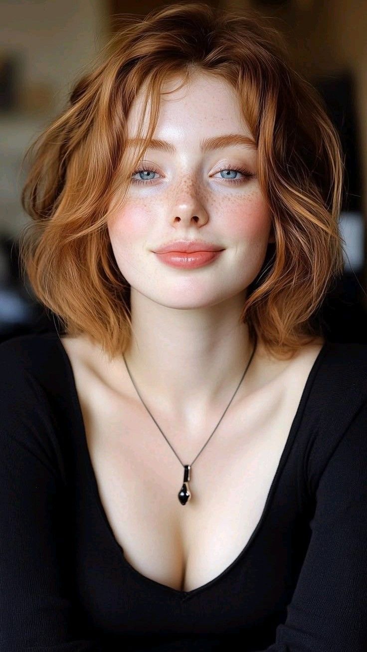 Woman with red hair and freckles wearing a black top with cleavage