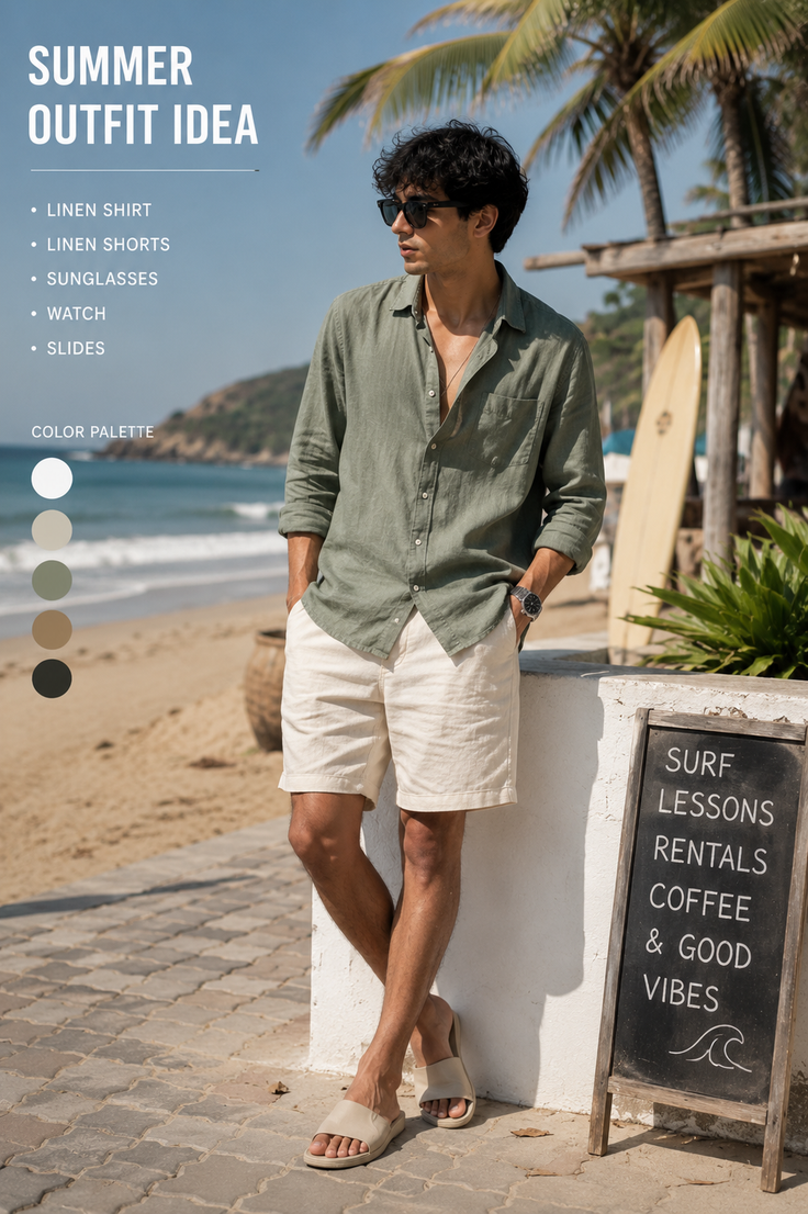 Man in a linen shirt and shorts on a beach with palm trees