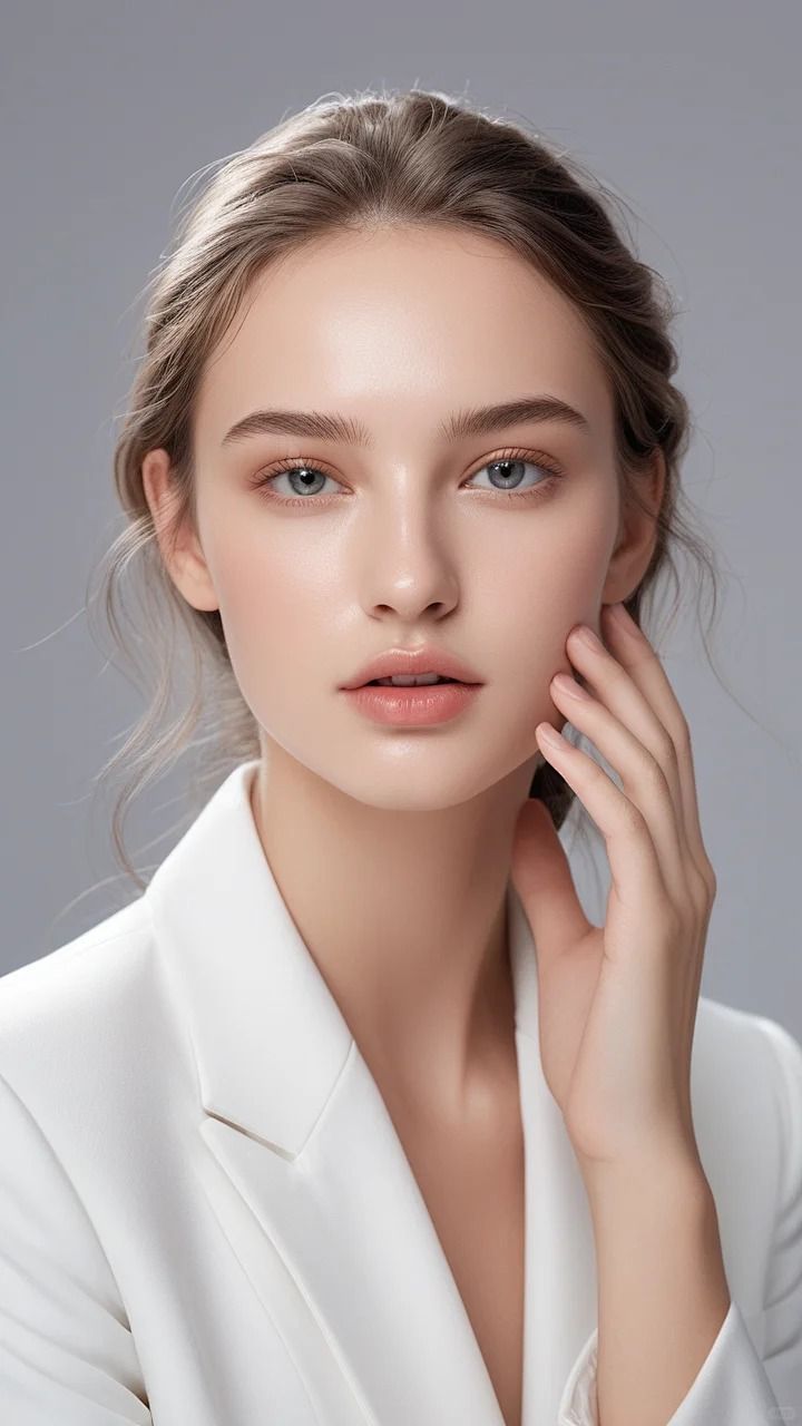 Woman in a white blazer with blonde hair and blue eyes, touching her face