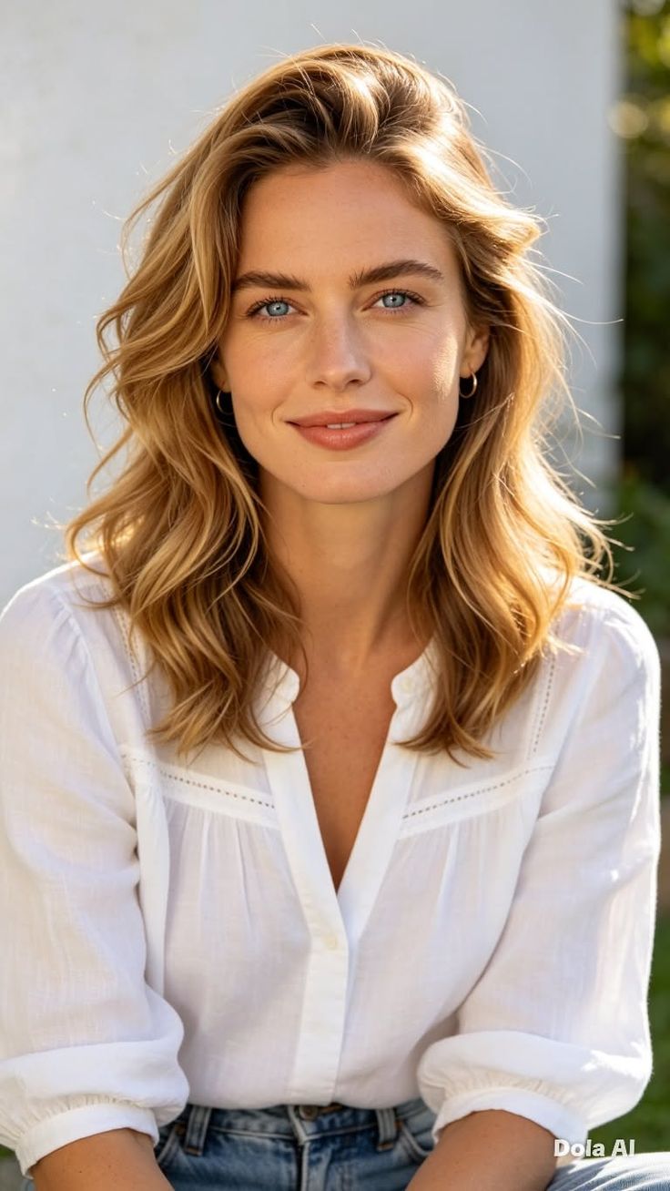 Woman with blonde hair and blue eyes wearing a white shirt, smiling outdoors